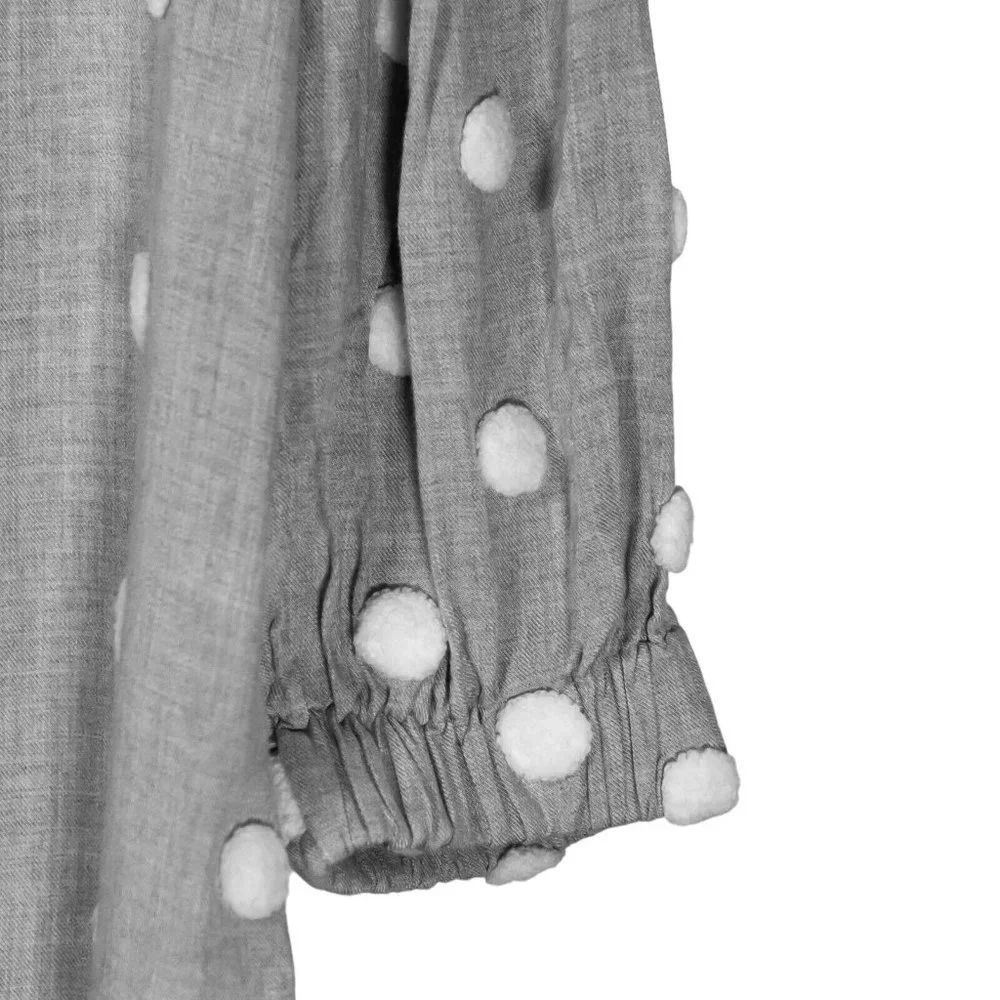 Zara Women's Blouse Gray White Polka Dot Pom Pom Puff Sleeve Coquette Top Small